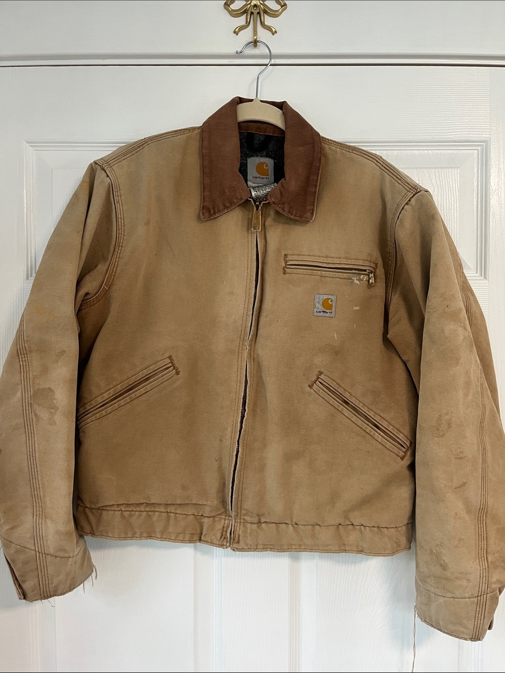 Carhartt Tan Canvas Work Jacket with Brown Corduroy Collar
